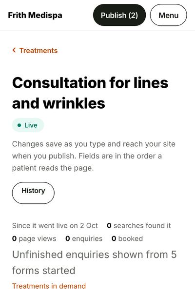 The treatment editor in the console for Consultation for lines and wrinkles, the name your site shows in place of a medicine’s.