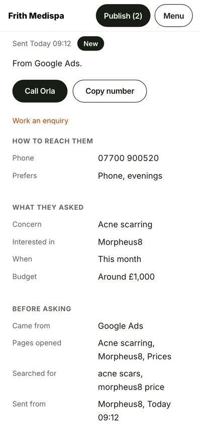 One enquiry on a phone: how to reach the patient, what they asked about, and the pages they opened and searched for before asking. A made-up enquiry to an example clinic.