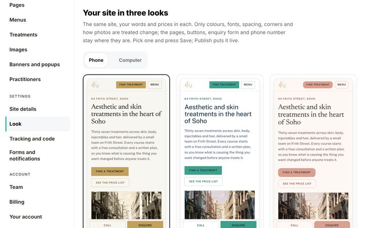 The Look page in the console: the clinic’s own home page drawn in each of the three starting looks, to pick one.