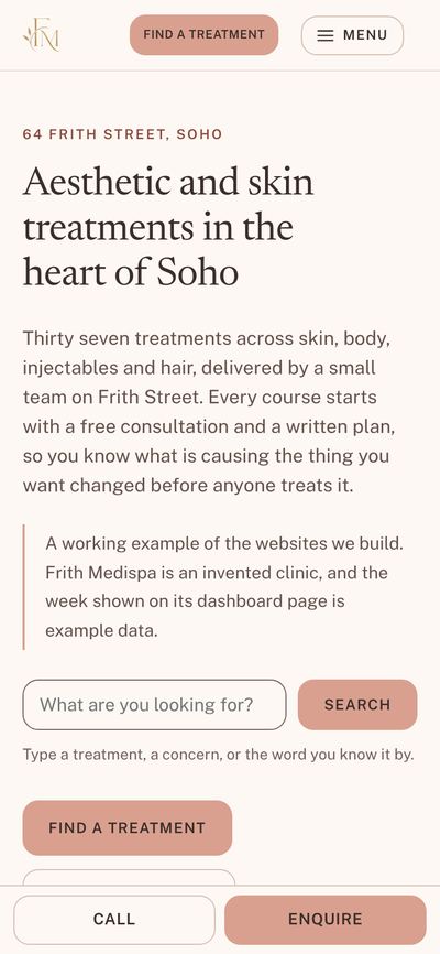 Frith Medispa’s home page on a phone in the Boutique look.