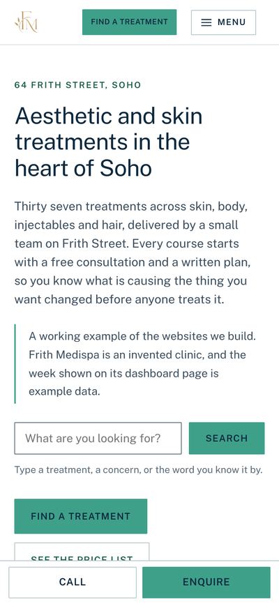 Frith Medispa’s home page on a phone in the Clinical look.