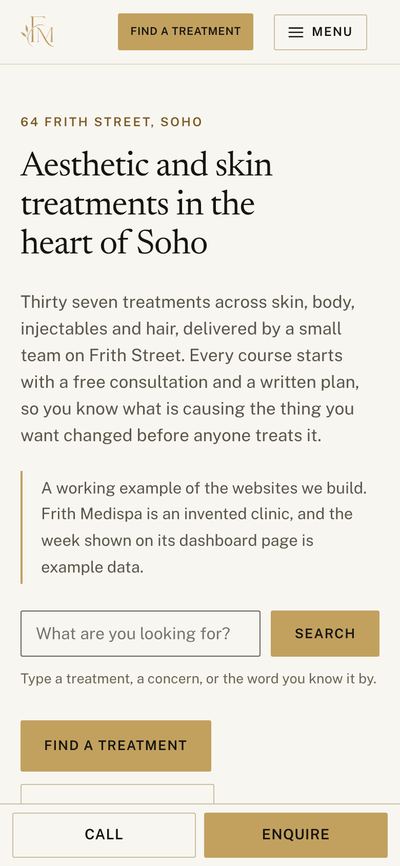 Frith Medispa’s home page on a phone in the Editorial look.
