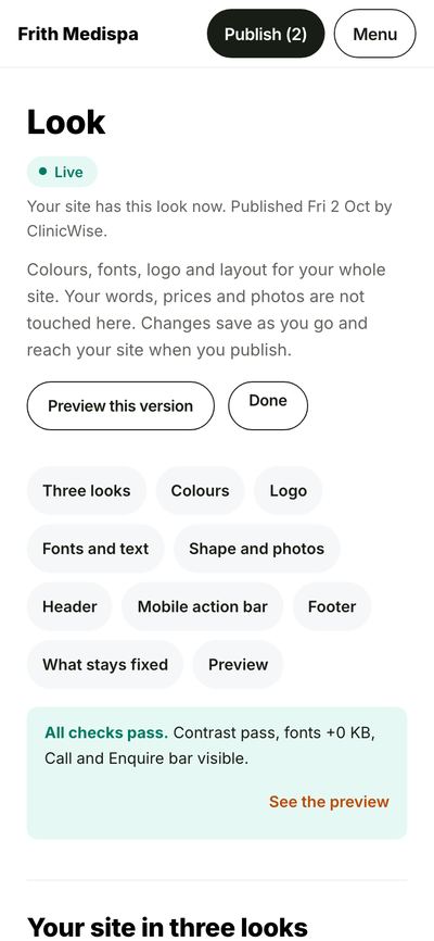 The Look page on a phone: the settings for colours, logo, fonts and more, and a check that contrast passes and the Call and Enquire bar is visible.