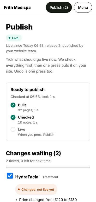 The Publish page on a phone, with the site built and checked and the changes waiting to go live.
